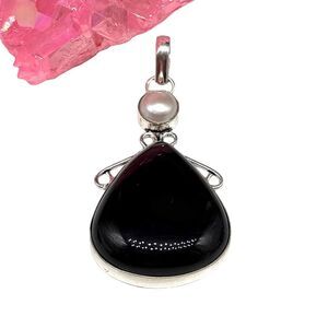 Black Onyx Freshwater Pearl Necklace Pendant 925 Sterling Silver Overlay Stone